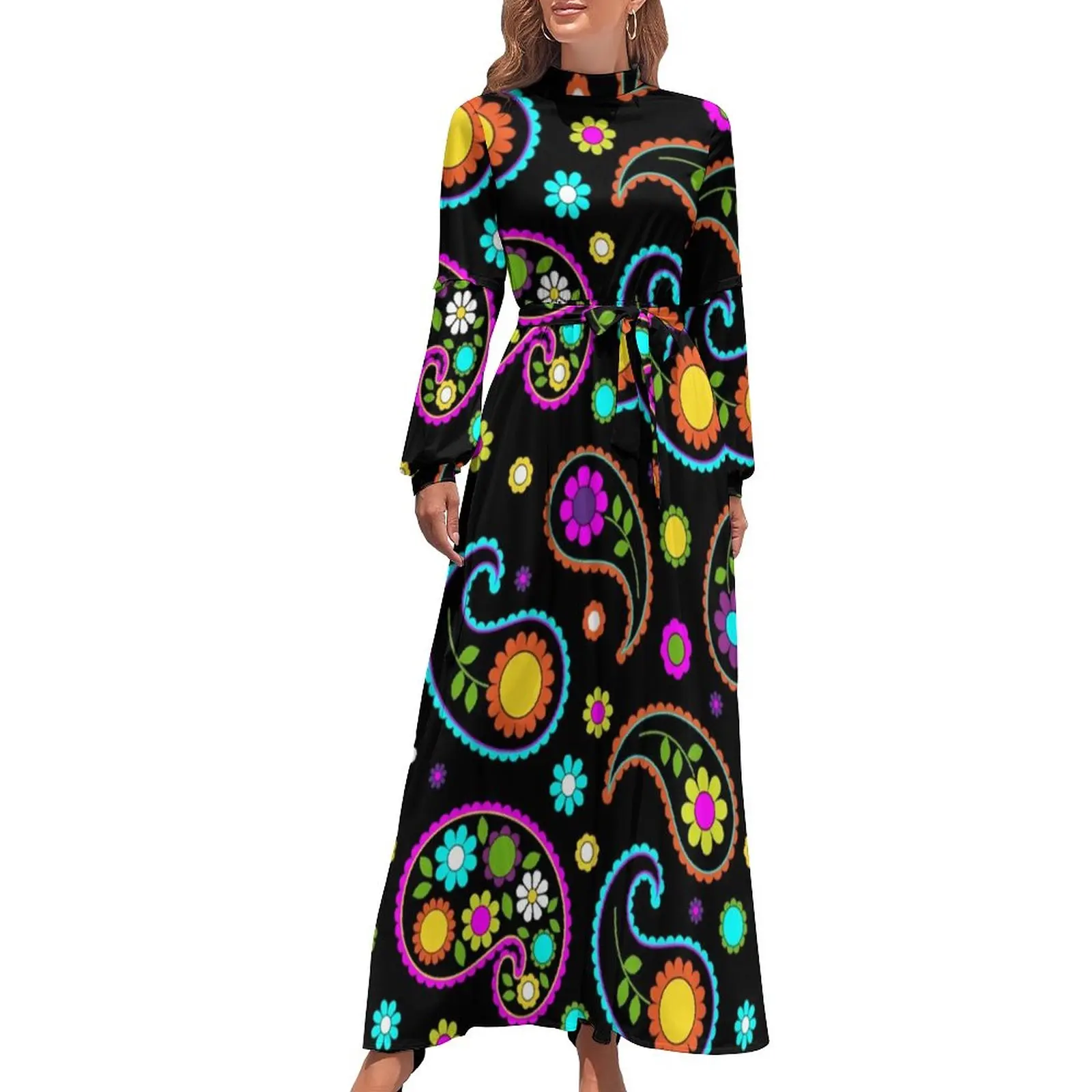 

Retro 60s Dress Hipple Paisley Floral Print Stylish Bohemia Dresses Women Long-Sleeve High Waist Kawaii Long Maxi Dress