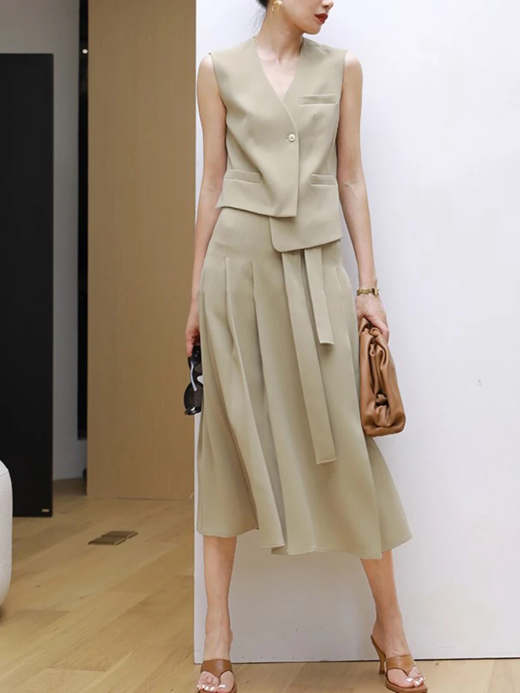 

Комплект из двух предметов, Женский Топ без рукавов с V-образным вырезом, платье на шнуровке с высокой талией, однотонные комплекты с юбкой, элегантная женская одежда