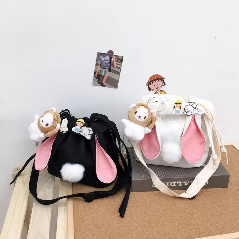 

New Canvas Rabbit Ear Fashion Bag Women's Net Red Japanese Drawstring Bucket Shoulder Bag Students' Crossbody Women's Bag