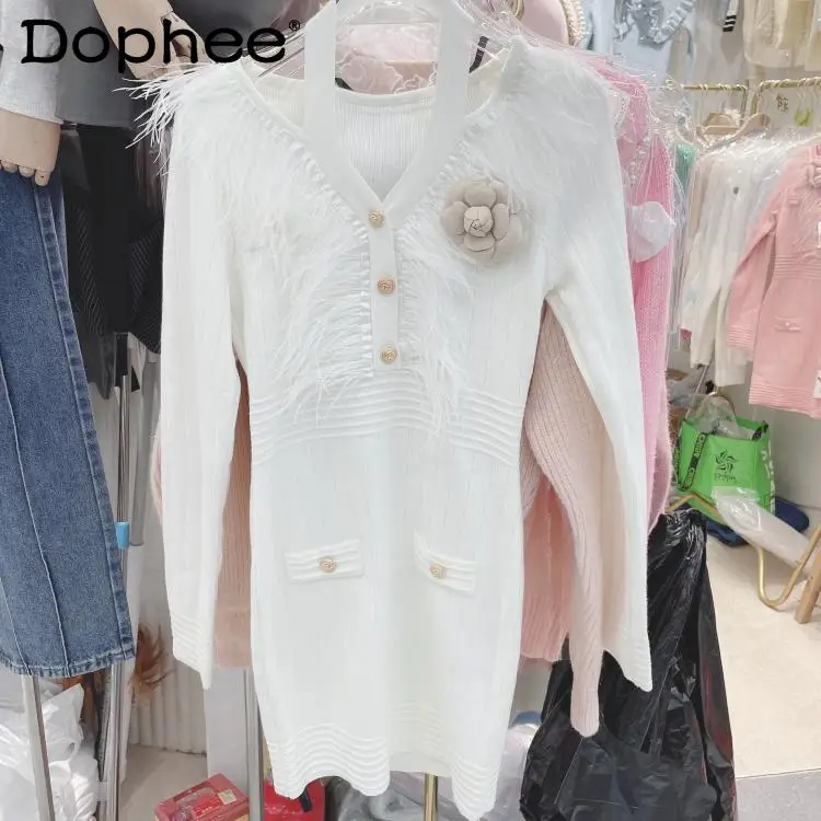 

Sexy Halter Knitted Dress Women 2022 Spring Autumn Tassel Feather Corsage Long Sleeve Slim Temperament V-neck Hip Sweater Dress