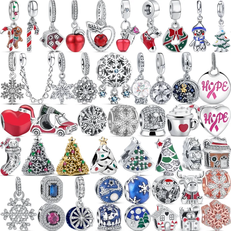 925 Silver Heart Christmas Hat Socks House Tree Apple Ice Crystal Snow Winter Beads Fit Original Pandora Charms Bracelet Jewelry
