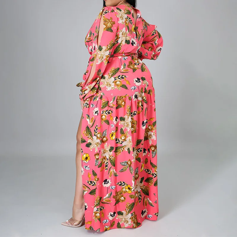 Casual Floral Printing High Waist Open Stitch Spring Autumn Clothes Plus Size Sexy Deep V-Neck Bandage Slit Maxi Dresses Womens