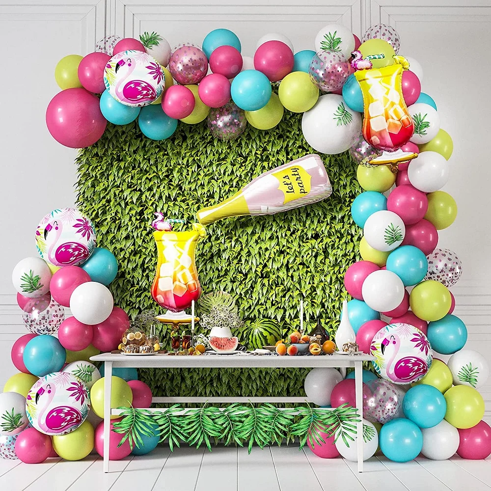 

144 Pieces Flamingo Tropical Themed Balloons Garland Arch Set Foil Champagne Bottle Balloons for Beach Birthday Party Graduation