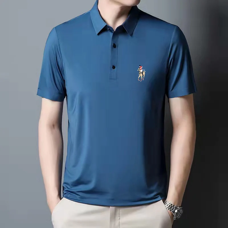 New Embroidered Men's Polo Shirt Summer Slim Fit Business Short Sleeve T-shirt Casual Polo Neck Ice Silk Shirt Men's Golf Appare