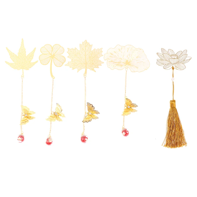 

Chinese Style Lotus Leaf Bookmark Golden Metal Hollow Bookmark Lotus Leaf Tassel Bookmark Creative Stationery School Supplies