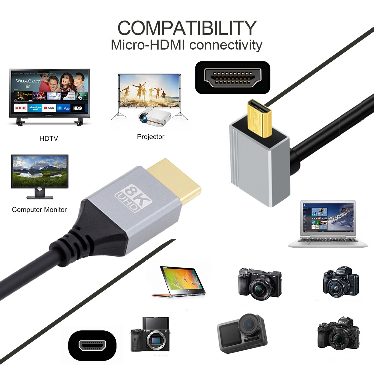 Фото Ультратонкий HDTV-кабель Mini HDMI 2.1 под углом 90 градусов Hyper Super Гибкий тонкий шнур 8K 4K Type-A к Type-C для камеры HDTV №2