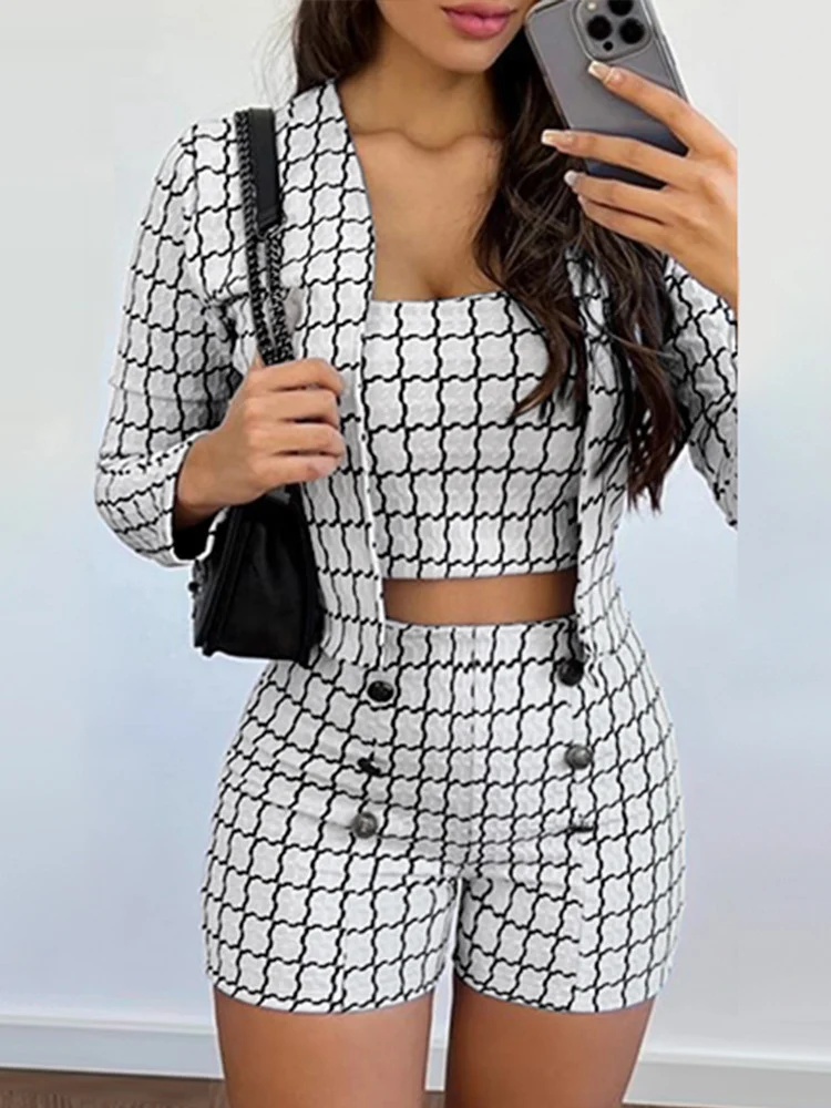 

Mandylandy Women Elegant Plaid Print Bandeau Top & Buttoned Shorts Set With Coat Fashion Female Y2K Outfits Tracksuit Streetwear