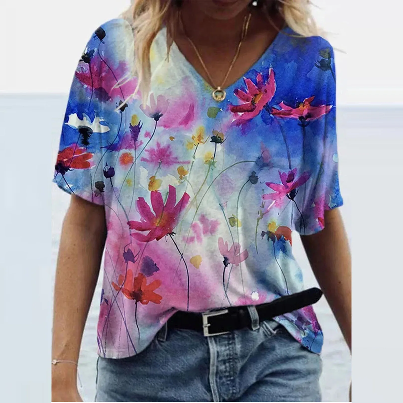 

Summer Loose Soft V-Neck T-shirts For WomenNew Summer Women's T-shirt Personality 3D flowers painting Short Sleeve flowers