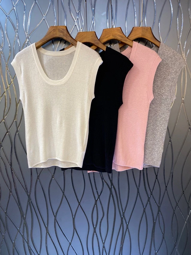 

2023 new women fashion sleeveless sexy casual perspective thin U-neck slim versatile knitted top 0708