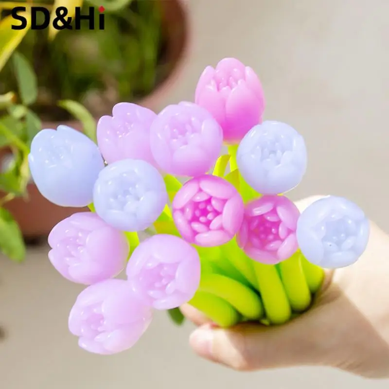 

1Pc Cute Creative Tulip Flowers Meet Light And Change Color Gel Pen Silicone Material Student Exam Writing Signature Pen