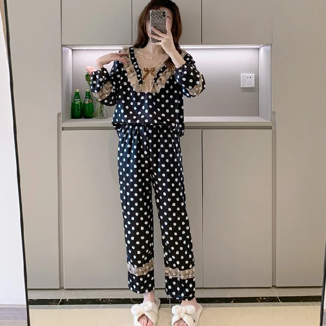 

Lace Pajamas Printing Flower 2Pcs Sleep Set Nightwear Sleepwear V Neck Comfort Silky Sexy Nuisette Femme Big Size 5Xl Clothes
