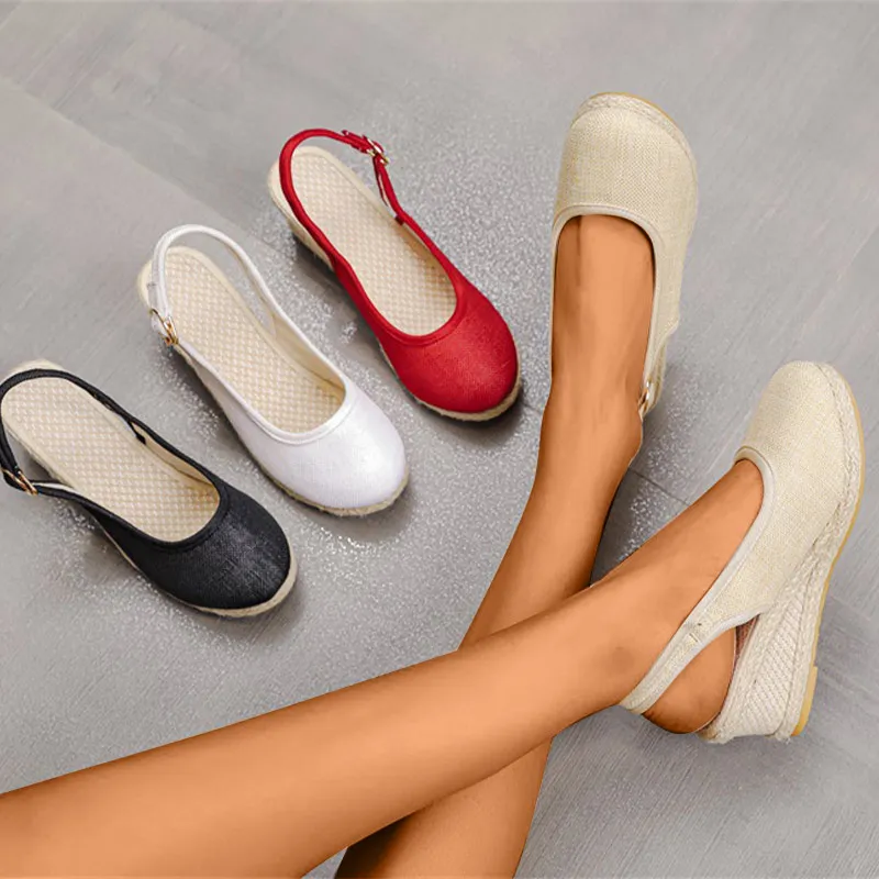 

2022 Ladies Wedge Sandals Linen Straw Woven Tassel Baotou Straw Shoes Waterproof Platform Buckle Cloth Shoes Summer New Style