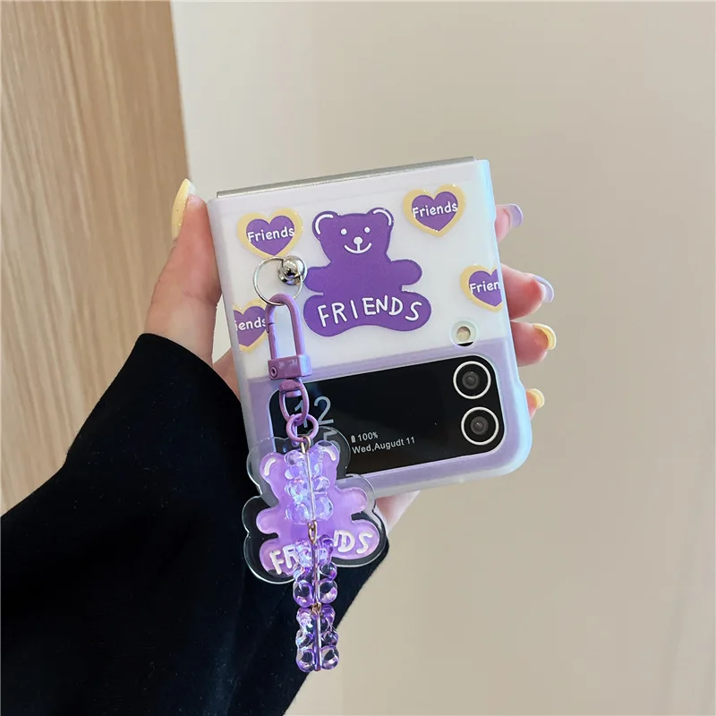 Cartoon Purple Love Heart Bear Phone Case for Samsung Galaxy Z Flip 4 3 Hard Cover for ZFlip3 Zflip4 Solid Shell Bracket