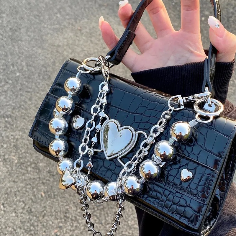 

Cool Heart Design Women's Chain Shoulder Bags Fashion Y2k Girls Black Square Messenger Bags Retro Female Clutch Purse Handbags