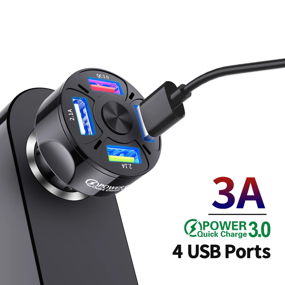 

Car Charger For Lighter Smart Phone 4 Ports USB Adapter Mobile Phone Charger Digital Display Quick Charge QC3.0 Fast Charging