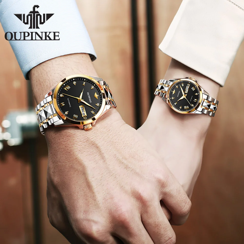 OUPINKE Classic Couple Watch Waterproof Luminous Sapphire Tungsten Steel Fashion Business Automatic Mechanical Couple Watch Set