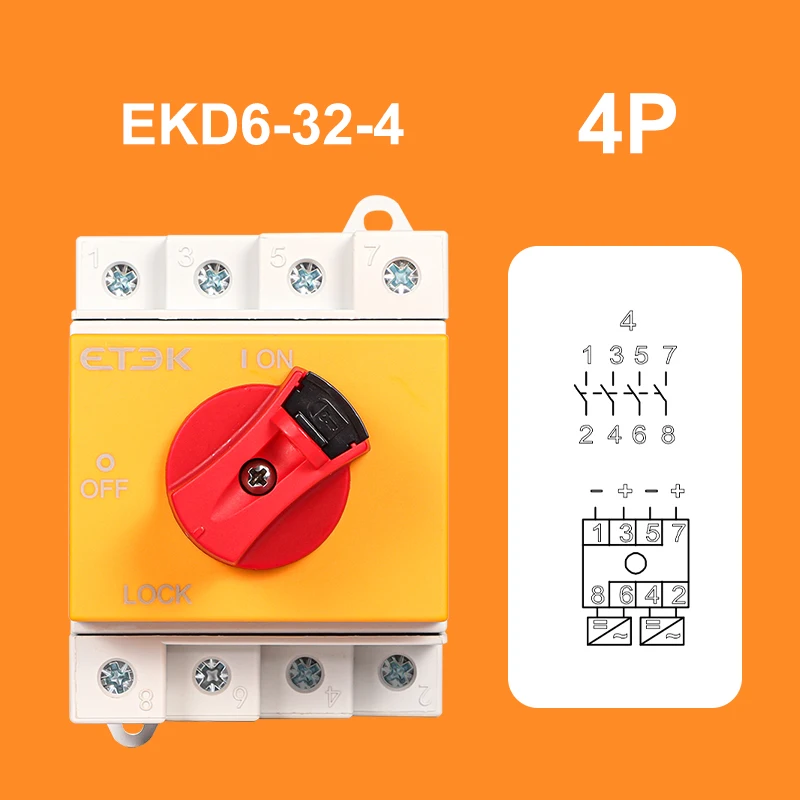 

ETEK DC солнечный изоляционный переключатель PV 1000 В 32A 2P монтажная на DIN-рейку вращающаяся ручка CE разъединитель для солнечных сертифицированных EKD6-DB32