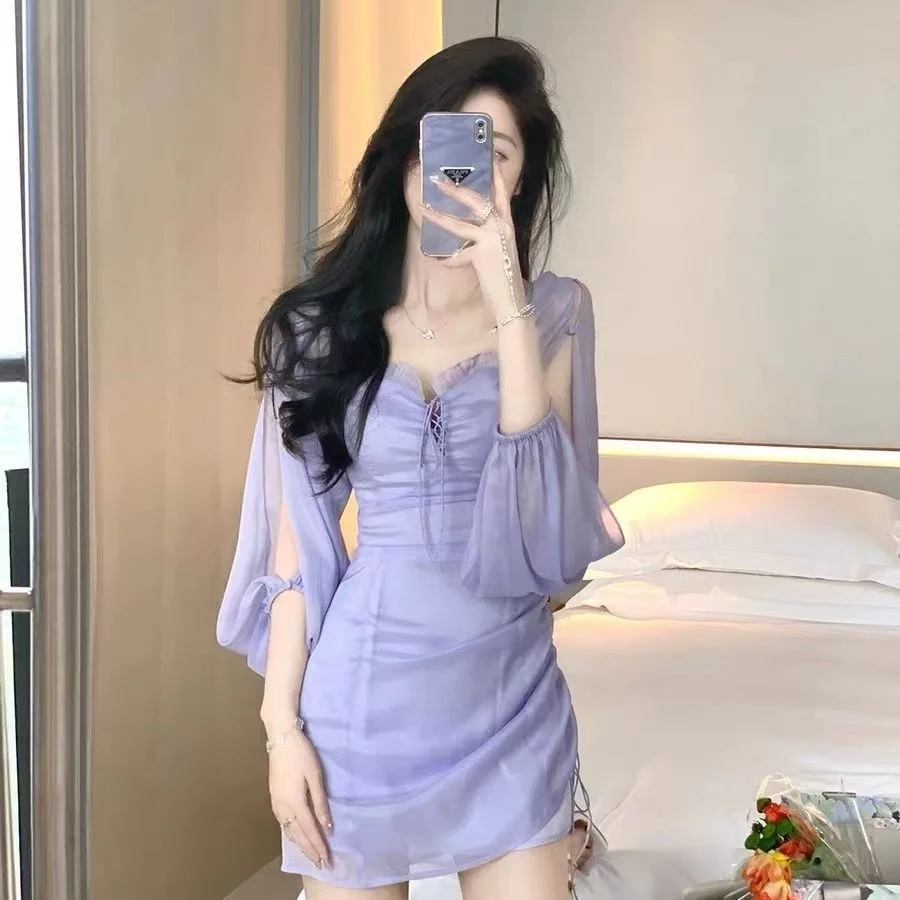 

Новинка лета 2023, прозрачное белое прозрачное мини-платье фиолетового цвета с открытыми плечами, женское тонкое шикарное дизайнерское платье