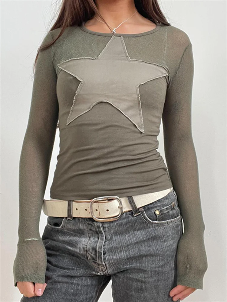 Футболка женская с длинным рукавом и круглым вырезом в стиле пэчворк