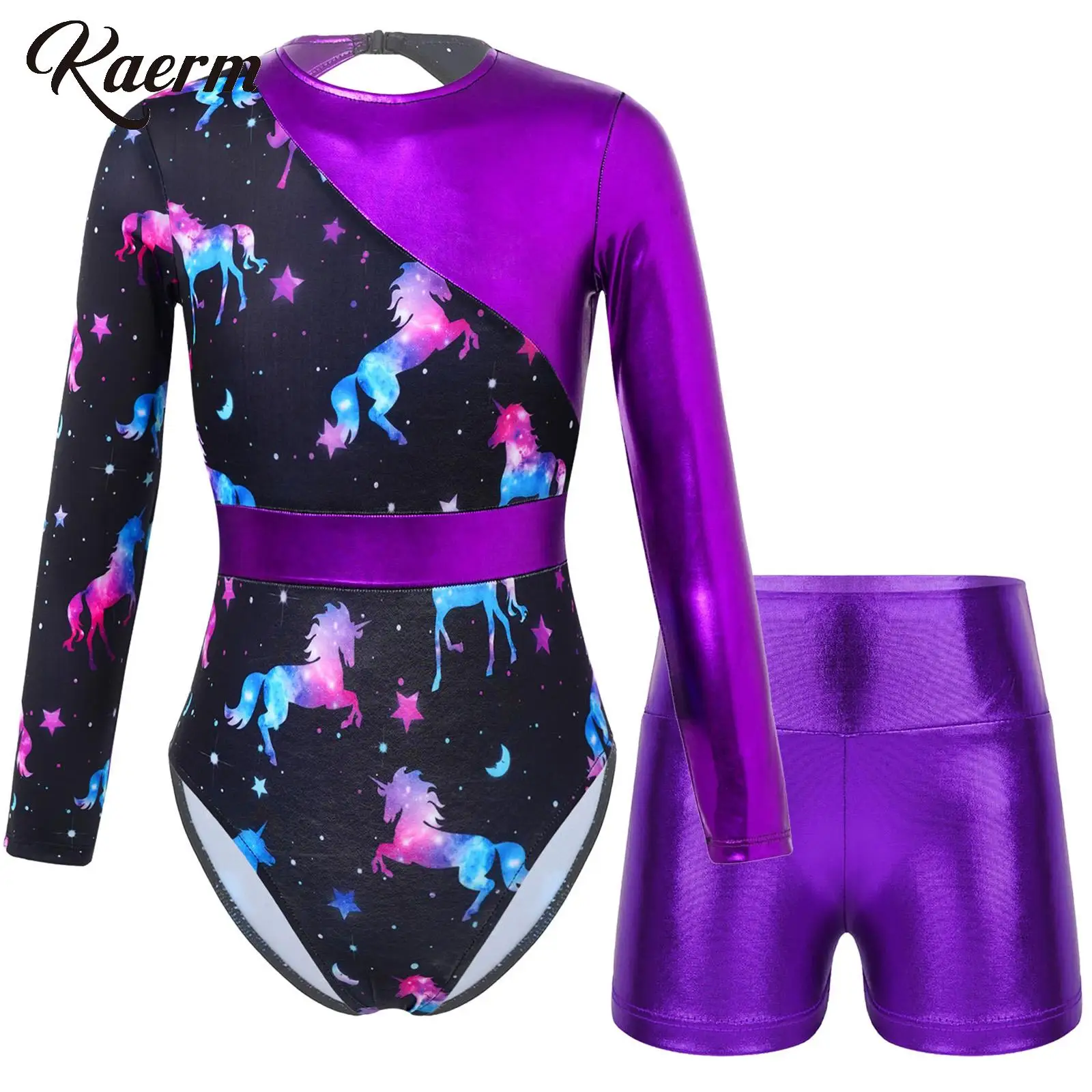 

Kids Girls Metallic 2 Pcs Dance Outfit Floral Cutout Back Gymnastics Leotard with Shorts Athletic Biketard Tumbling Jumpsuit