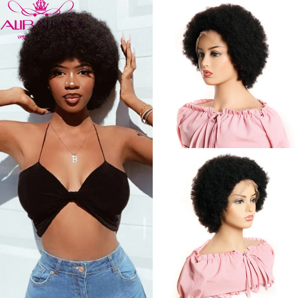 Short Afro Kinky Curly 13*4 Lace Front Human Hair Wigs Glueless Brazilian Remy Frontal Wig For Black Women 4C/4B Curl ALIBALLAD