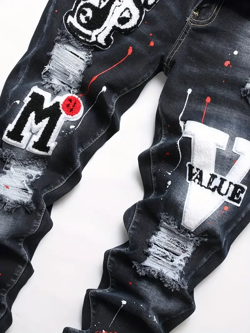 Джинсы мужские Стрейчевые с вышивкой рваные зауженные байкерские джинсы