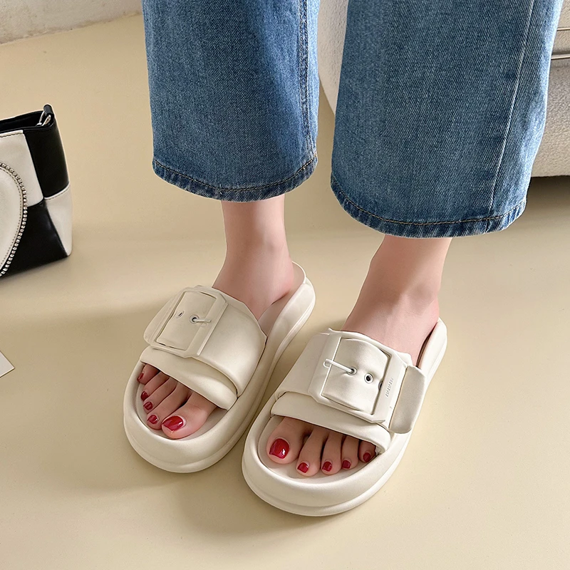 

Shoes for Women 2023 New Basic Peep Toe Women's Slippers Concise Casual Slippers Women Metal Decoration Flat Heel Shoes Ladies