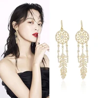 luxury cubic zirconia pave dream catcher earrings for women geometric micro set feather tassel statement wedding party earring