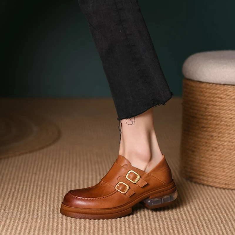 

2022 New Spring/Autumn Women Shoes Round Toe Thick Heel Shoes for Women Solid Cow Leather Shoes Retro Square Buckle Female Shoes