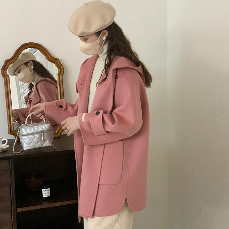 

2022 Winter New Sheep Wool Double sided Coat Women's Mid length Korean Edition Reduced Age Pink 10 Cashmere Coat