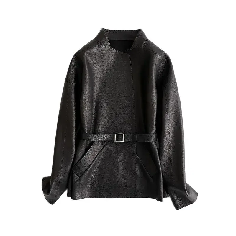 Черная кожаная куртка из оленьей кожи женское короткое пальто весна-осень 2024