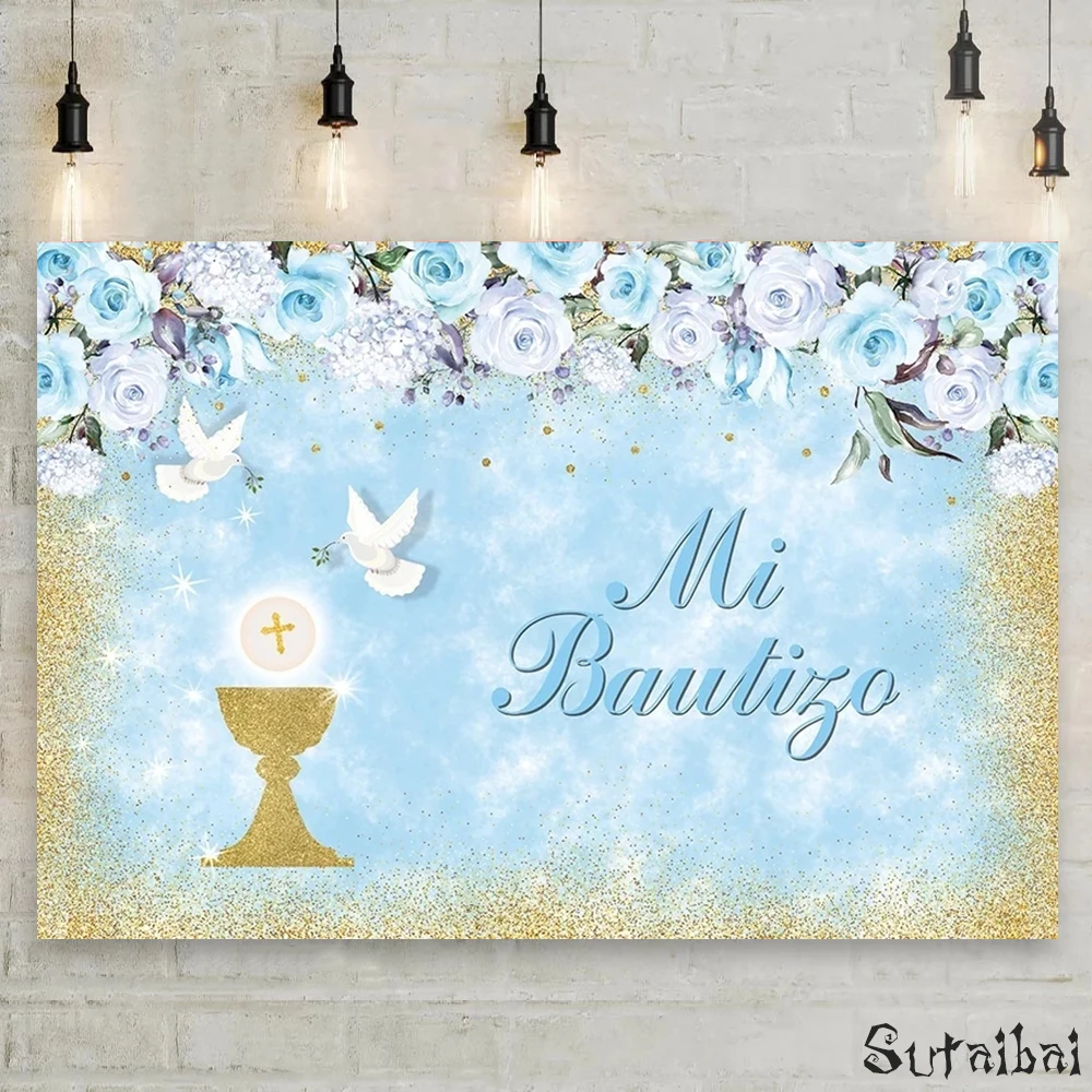 

My First Communion Backdrop Blue Boy Decoration Party Flowers Glitter Gold Baby Mi Bautizo Custom Background Photography Booth