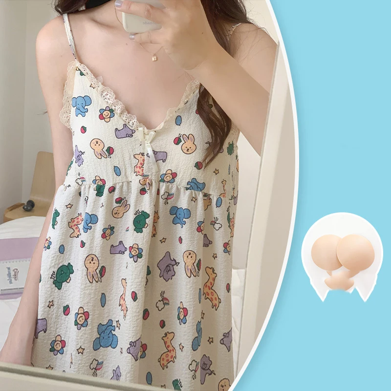 Suspender Women's Nightdress Summer Thin Pure Cotton With Chest Pad Lace Edge Large Size Home Clothes Nightdress Free Shipping