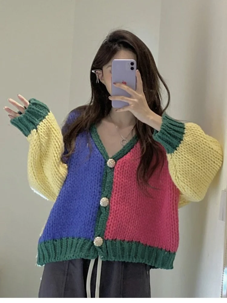 

Thick Wool Contrast Color Multicolor Knit Tops Women 2022 Autumn Winter New Loose V-neck Sweet Knitted Sweater Coat H196