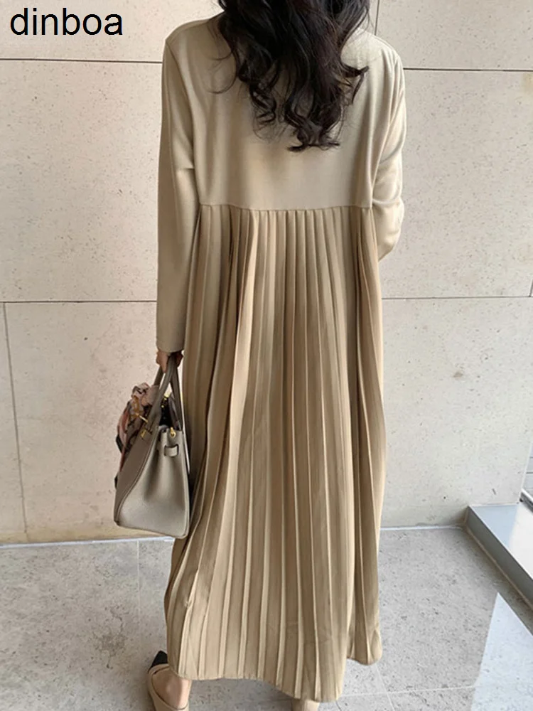 

Dinboa-korean Chic Simple Round Neck Back Top Stitching Pleated Design Long-sleeved Sweater Dress 2022 Autumn Winter Ladies