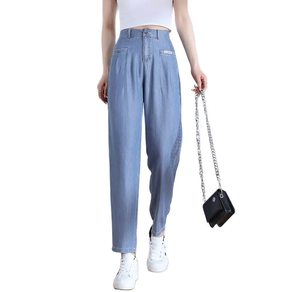 

S до 5XL женские летние тонкие джинсы-шаровары с высокой талией дышащие тонкие Мягкие штаны-капри Обрезанные джинсы белый синий 9338