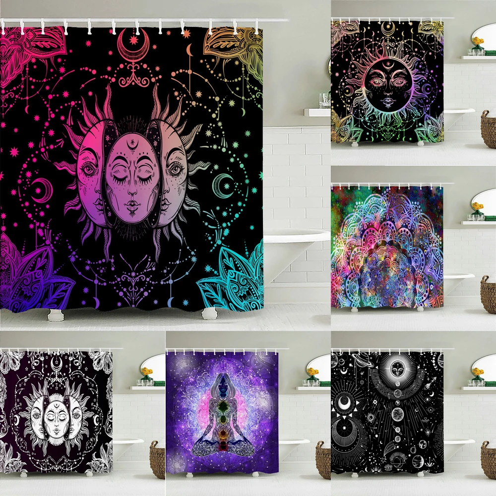 

Indian Mandala Sun Face Totem Shower Curtain Decor Waterproof Fabric Bathroom Curtains Bohemian Bath Screen Home with 12 Hooks