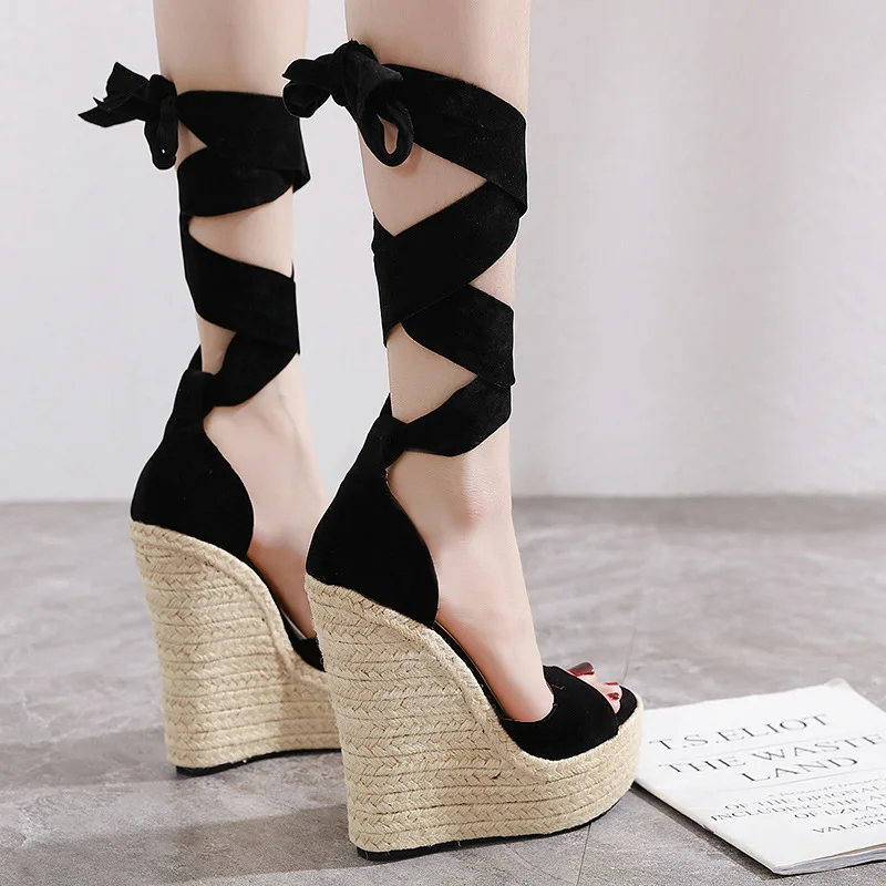 

Women Summer Black Open Toe Ankle Straps Sandals 2023 New Fashion Platform Super High Heel Wedge Shoes Bowtie Dress Shoe Big 42
