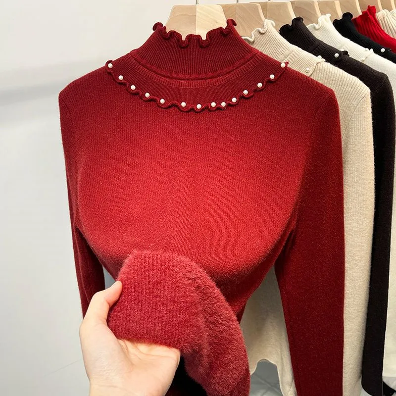 Plus Velvet Women's 2025 Semi-high Collar Coat Sweater Bottoming Knitwear Female Wear Autumn Winter Red Wooden Ear Jacket