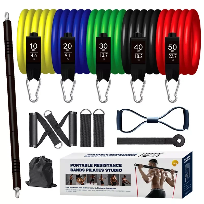 Workout Bar with 150LBS Resistance Bands Bodybuilding Muscle Fitness Stick Elastic Rubber Exercise Bands Pilates Bar Kit