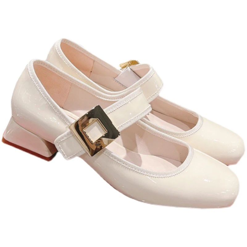 Thick Heel Mary Jane Shoes Women's Square Head Patent Leather Single Shoes Retro Rhinestone Buckle Women's Shoes