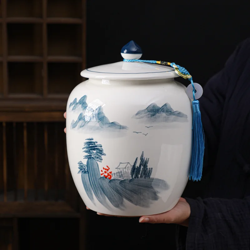 

Big Ceramic Tea Caddy Chinoiserie Round 100g Spice Storage Sugar Bowl Tea Caddy with Lid Caja De Te Kitchen Accessories 1226