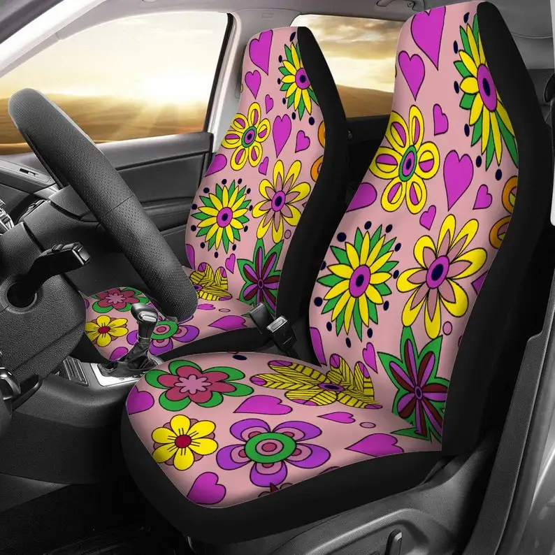 

Retro Floral Car Seat Cover, Vibrant Colorful Universal Car Seat Cover With Thickened Back, Hippie Car Seat Covers, Universal Ca