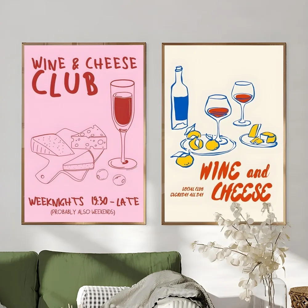 Wine And Cheese Club Art Print Simple Poster Sticky Wall Printing Waterproof Home Living Bed Room Bar Aesthetic Decor
