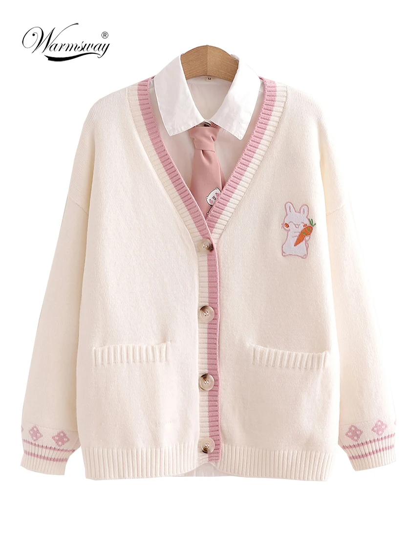 

Women Cardigans Cartoon Rabbit Embroidery Knitted Sweater 2022 Spring Long Sleeve V-neck Preppy Style Cute Top Kawaii C-276