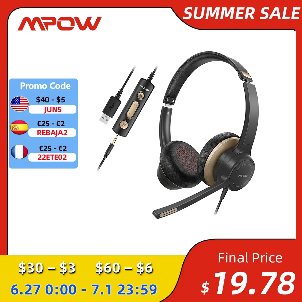 Mpow HC6 USB Wired Headset 3.5mm On-Ear Computer Headphones with Microphone Mute for Skype Call Center Headsets for PC Laptop