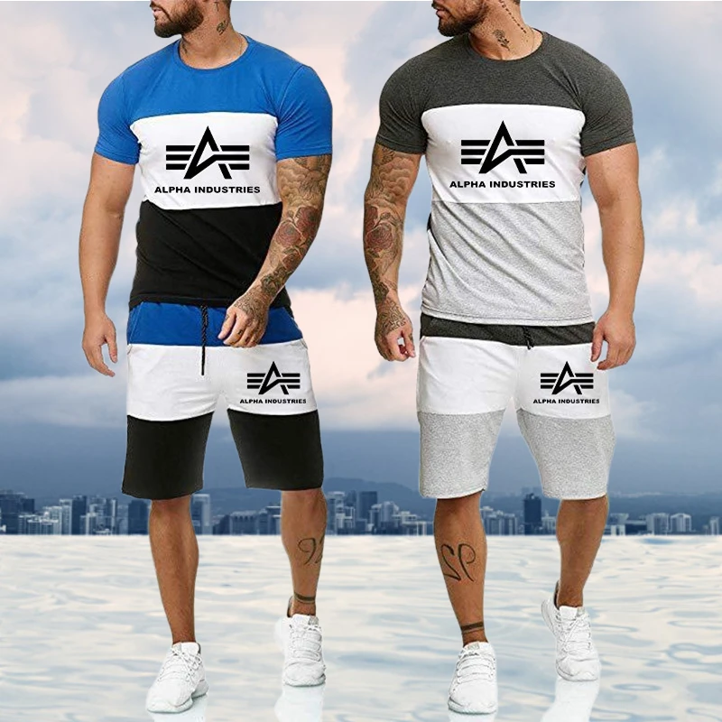 

Men's Summer Suit Casual Short Sleeve T-shirt and Shorts Suit Striped Streetwear Bodybuilding Clothing Statement Streetwear
