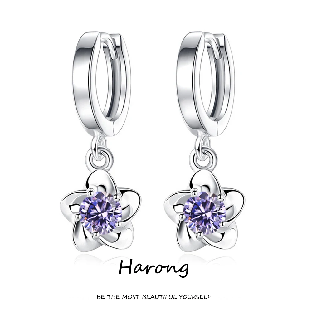 

Harong Luxury Silver Plated Flower Drop Earrings Inlaid Zircon Aesthetic Dangle Pendant Hoop Earring Jewelry for Women Girls