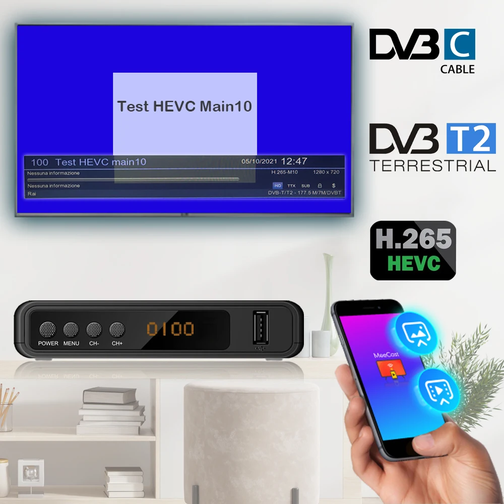 

Европейский HEVC 5G DVB-T2 DVB C цифровой наземный декодер DVB T2 ТВ-тюнер H.265 IP Tv TV set-top box DVBT2 DVB-C Meecast Cast Stick