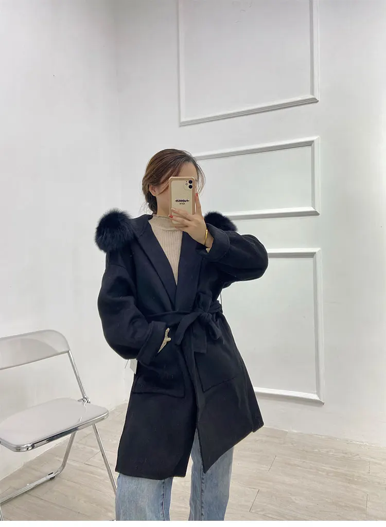 Winter Women Real Fur Coat 100% Wool Jacket Mid-length Camel Black Color Outerwear Genuine Fox Fur Collar and Cuffs Belt enlarge